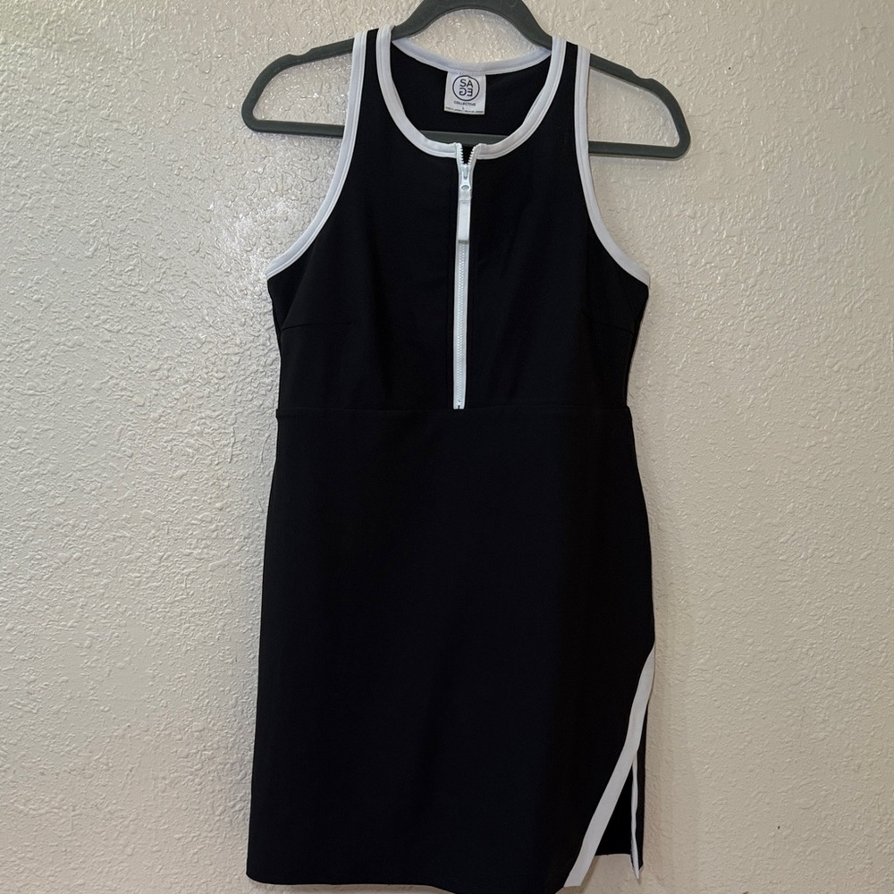 Sage Black Mini Dress with White Trim and Front Zip